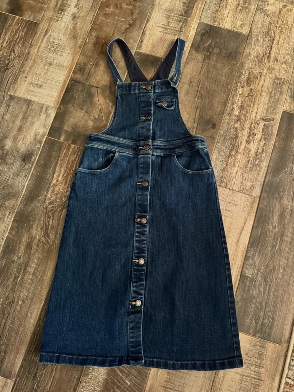 Denim Button-Front Pinafore Dress - Dark Blue